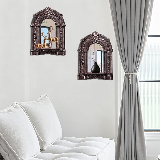 Three-Dimensional Relief Candle Sconces Set 2 Rustic Wall Mount Candle Holders Wood Hanging Wall Decor Mirrored Wall Art Hand Carved Home Decoration