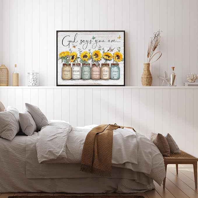 God Says You Are Wall Art: Christian Wall Art Framed Inspirational Quotes Bible Verse Wall Decor for Living Room Bedroom,Sunflower Pictures Religious Scripture Wall Art Prints Posters 12"x15"