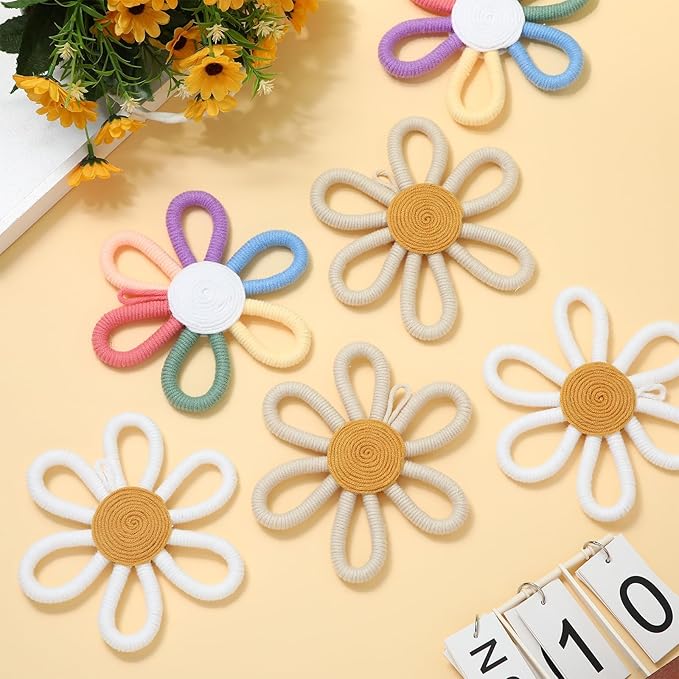 Ripeng 6 Pcs Boho Nursery Decor Flower Daisy Wall Art 6 Inch Woven Macrame Wall Hanging Bohemian Flower Decor Daisy Nursery for Baby Girls Kids Home Bedroom(Stylish Color)