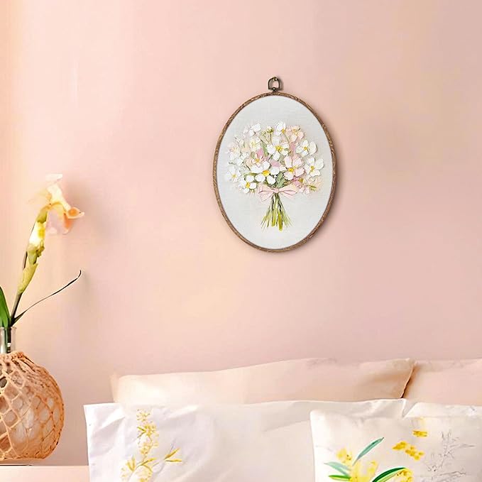 Coquette Pink Bow Floral Bouquet Oval Wall Art Framed, White Floral Oval Wall Decor, Vintage Flower Hanging Canvas Prints Wall Sculptures for Home Bedroom Living Room Decor, 8.5x11.5 Inch