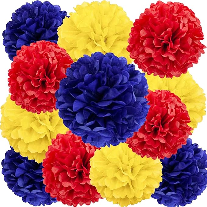 We Moment Red, Blue and Yellow for Theme Paper Pom Poms Decorations for Birthday Party Ceiling Wall Hanging Tissue Flowers Decorations 12pcs 3 Colors of 12 Inch 10 Inch