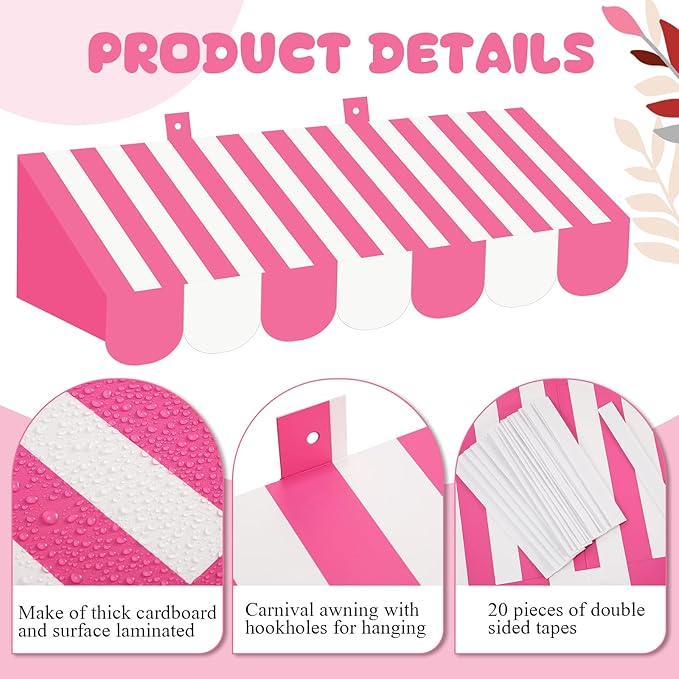 Tallew 4 Pcs 3D Circus Awning Wall Decoration Carnival Awning for Halloween Carnival Theme Party Classroom Decorations(Pink and White)