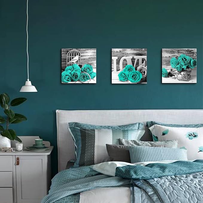 Teal Bathroom Wall Decor Turquoise Teal and Grey Rose Wall Art for Bedroom Living Room Accessories Love Sign Aqua Green Flower Pictures Floral Poster Canvas Artwork Kitchen Home Decoration 12x12" 3