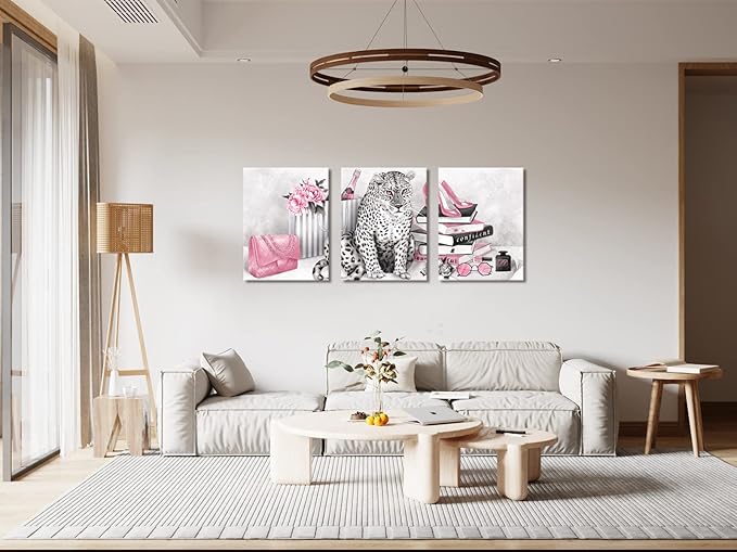Visual Art Decor Glam Fashion Picture Pink Blush Wall Art Leopard Books High Heel Shoes Perfume Canvas Prints for Modern Home Office Woman Girl Makeup Bedroom Wall Decoration Creative Design Gift