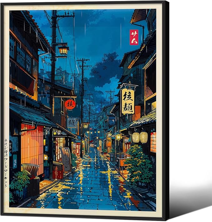 Japanese Tokyo Tea House Canvas Wall Art Japanese City Street Cafe Scene Picture Print Modern Ukiyo-e Decor Poster for Home Bedroom Decorations Artwork11x14in Black Framed