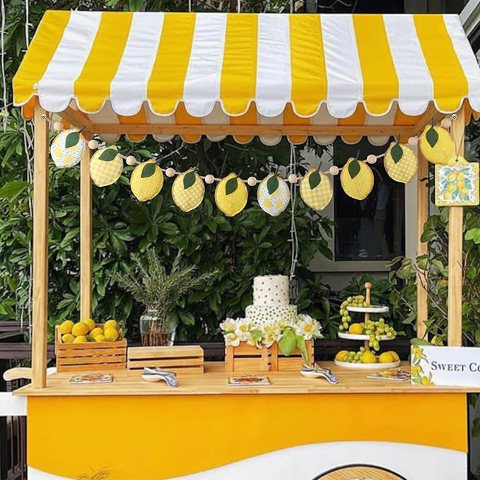 Lemon Felt Banner Garland Decor Vintage 3D Fruit Hanging Garland with Wooden Beads for Back to School Birthday Party Baby Shower DIY Home Wall Fireplace Decor