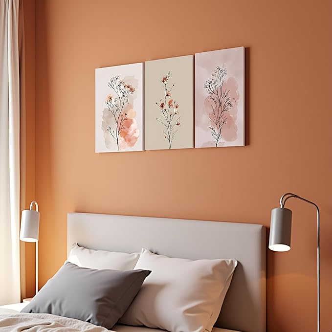 okudolit Boho Vintage Flower Wall Art Set of 3 Minimalist Floral Botanical Prints Rustic Wildflower Wall Decor Beige and Pink Neutral Plant Painting for Living Room Bedroom Office-12x16in