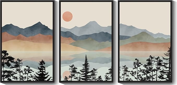 Drsoum Mountain Range Landscape Wall Art Framed Ink Wash Watercolor Nature Wall Decor Laker Sun Rises Prints Bedroom Living Room Ready to Hang 24x36in Black Framed