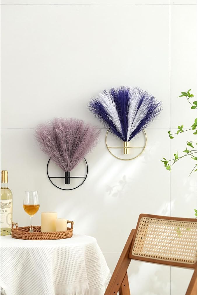 Pretty Jolly Boho Wall Decor, Wall-Mounted Metal Wall Decor, Hanging Artificial Pampas Display, Wall Art Living Room, Bedroom, Bathroom, Dining room, Plant Wall Decor 2 Pack,Blue,White,Black
