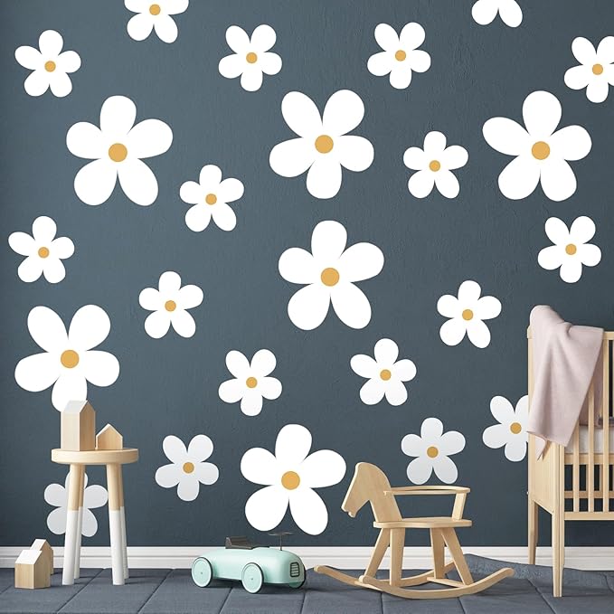 TaoBary 12 Sheet Daisy Wall Sticker Decal Removable Cute Daisy Bedroom Room Decor Flower Wall Sticker Pink White Flower Decal Wallpaper Peel and Stick for Nursery Home(White, Yellow,Stylish Style)