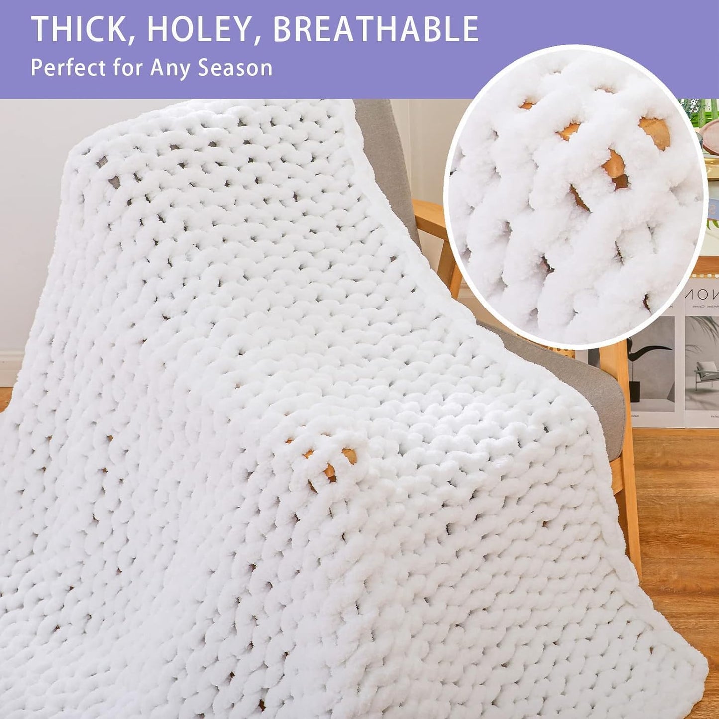 Bigacogo Chunky Knit Throw Blanket for Couch, 80x90 inches, 100% Hand Knitted with Thick Jumbo Chenille Yarn, Cozy Soft Large Rope Knot Cable Crochet Blankets for Sofa Bed Living Room, White