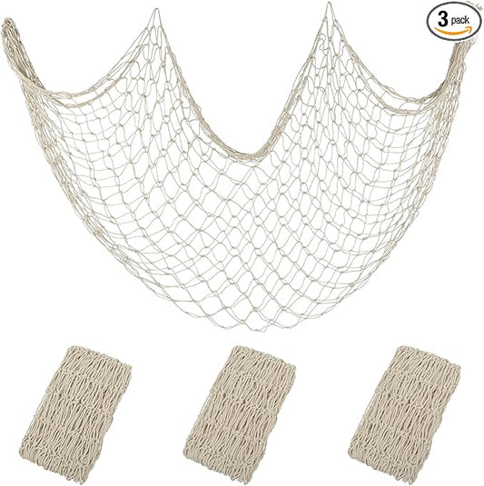 Patioland Decorative Fishing Net 2 Pack, 80x40 Inch Large Beige Fish Net Decor for Wall, Photo Display, Nautical Mermaid Pirate Ocean Themed Beach Hawaii Under the Sea Party Decorations