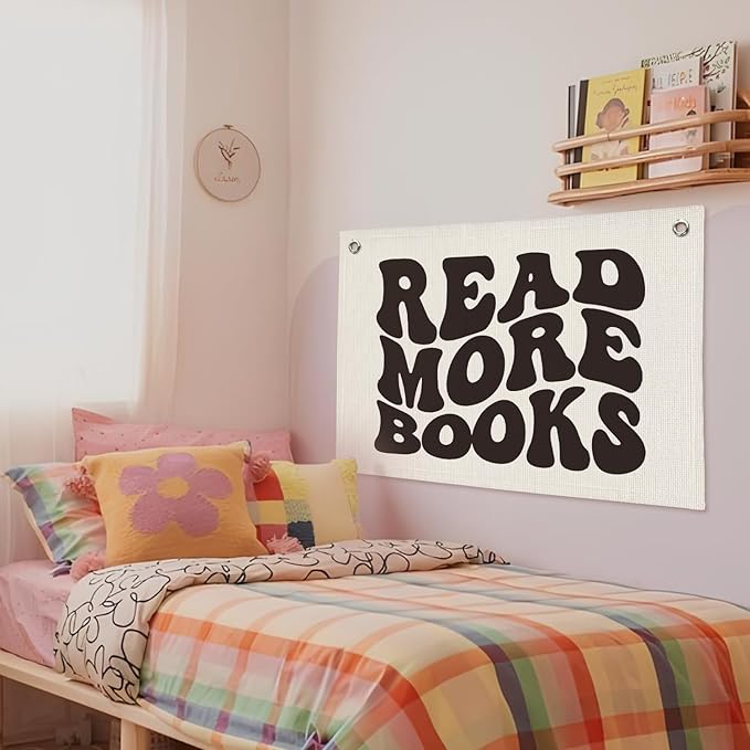 Reading Nook Decor Classroom Banner - Kids Room Decor, Reading Party Decorations, Kids Library Wall Hanging, Read More Books Linen Canvas Banner Flag for Nursery Playroom Homeschool 20x30