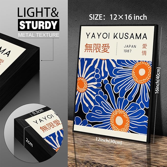 Yayoi Kusama Print Vintage Japanese Wall Art Abstract Yayoi Kusama Poster Minimalist Painting Art Exhibition Suitable for Japanese Bedroom,Living Room Office Decor 12x16in Black Framed