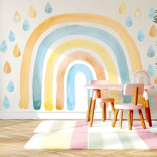 Large Watercolor Rainbow Wall Decals, Raindrops Peel and Stick Fabric Nursery Wall Decor, Removable Home Room Wall Decor Murals Stickers for Kids Girls Toddler Bedroom Living Room Playroom