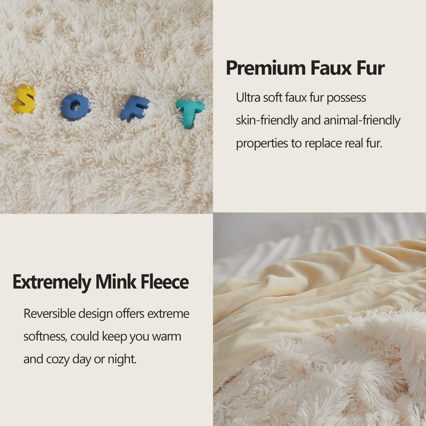 GONAAP Fuzzy Faux Fur Throw Blanket Ivory Super Soft Cozy Plush Fuzzy Shaggy Blanket for Couch Sofa Bed (Ivory, Throw(40"x50"))