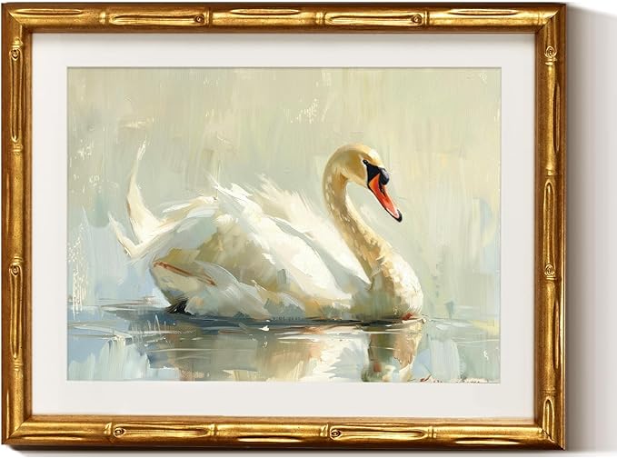 VIYYIEA Bamboo Detail Design Gold Framed Wall Art, Swan Canvas Prints, Vintage Framed Wall Decor, Picture Print Painting for Home Decor, 11 x 14 Inch