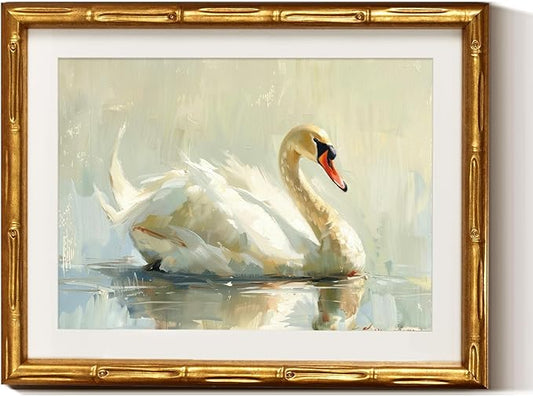 VIYYIEA Bamboo Detail Design Gold Framed Wall Art, Swan Canvas Prints, Vintage Framed Wall Decor, Picture Print Painting for Home Decor, 11 x 14 Inch