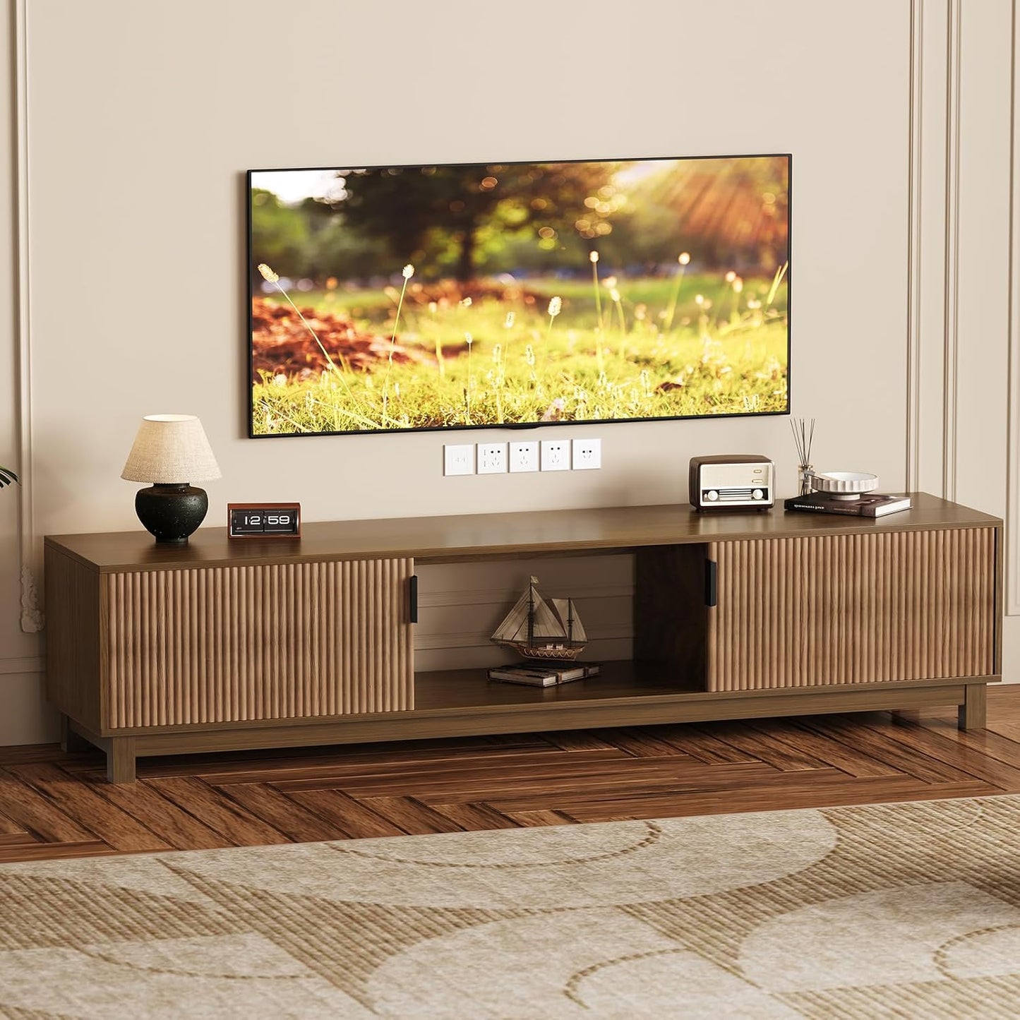 GarveeHome 70" Long TV Stand for Living Room, Mid Century Modern Entertainment Centerfor TVs Up to 80 Inches, TV Console with Fluted Doors & Open Storage Compartment for Livingroom Bedroom- Walnut