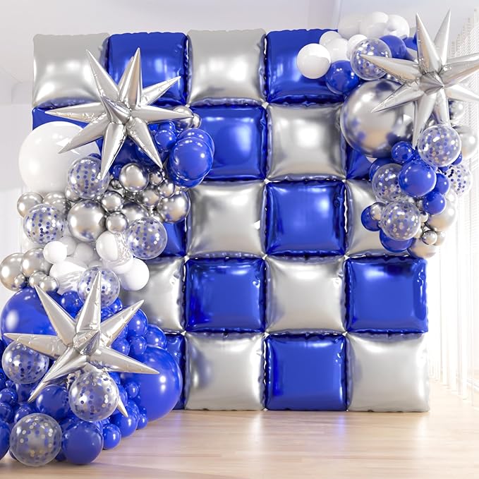 25pcs Blue and Silver Foil Square Balloon Backdrop Wall with 149pcs Royal Blue White Silver Balloons Arch, Double Sided Balloon Tunnel with Star Balloons for Graduation,New Year Party Decor