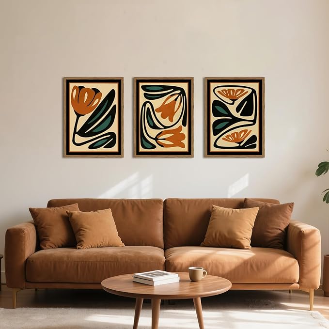 Mid Century Floral Wall Art Set of 3, Modern Abstract Botanical Wall Decor Picture, Vintage Boho Eclectic Plant Canvas Prints Paintings for Bedroom Living Room 16x24 inch Framed