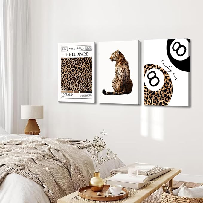 Set of 3 Trendy Leopard Canvas Wall Art Funky Lucky 8 Ball Posters Prints Preppy Room Aesthetic Cheetah Wall Decor Pictures for Girly Bedroom Apartment Dorm 12x16in