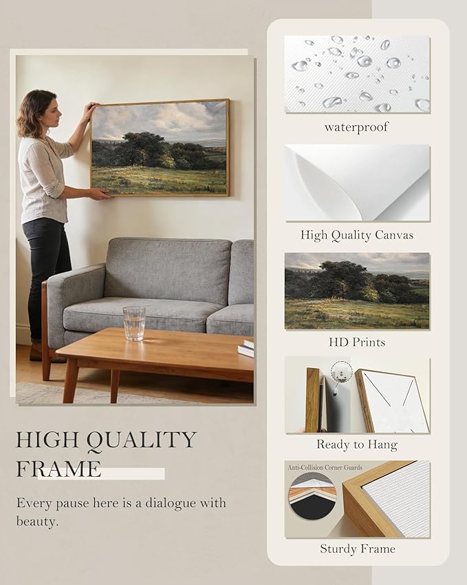 SHENIFY Vintage Landscape Framed Wall Art Rustic Countryside Meadow Farmhouse Decor Retro Vast Grassland Painting for Hallway Living Room Bedroom Dining Room - 24x36in Natural Framed