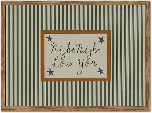 Vintage Night Night Love You Wall Art Mid Century Striped Nursery Bed Wall Decor Picture, Kids Good Old Days Poster Canvas Print Artwork for Child Bedroom Living Room12x16 inch Wood Framed