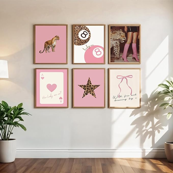 6Pcs Trendy Pink Leopard Wall Art Preppy Leopard Posters Prints Funky Coquette Cheetah Wall Decor with Lucky 8 Ball Bow Artwork for Girls Bedroom Apartment Dorm 12x16Inch 6Pcs Unframed