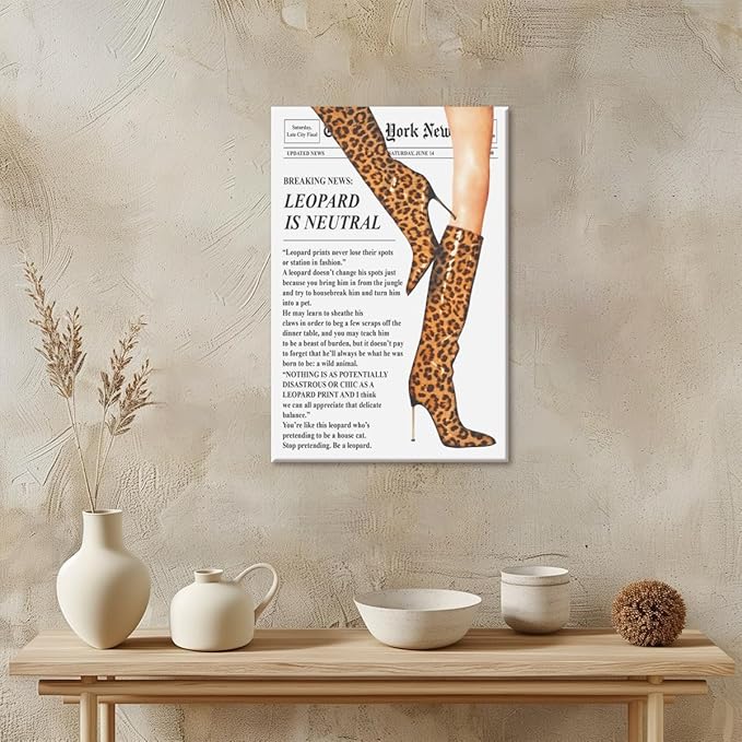 Trendy Newspaper Posters Vintage Leopard Boots Poster Feminist Canvas Prints Retro Fashion Bar Cart Magazine Cover Wall Art for Hot Girl Preppy Y2k Aesthetic Room Home Decor 24x36inch Framed