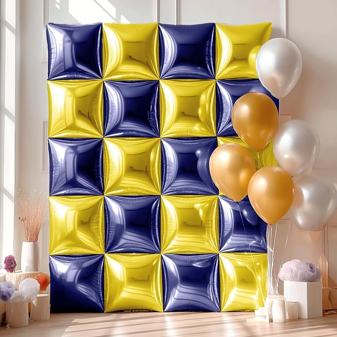 NISOCY 25PCS Blue Gold Square Foil Balloons Wall Backdrop Double Sided Navy Blue Gold Balloons Arch Kit for Birthday Graduation Baby Shower Wedding Anniversary Party Decorations