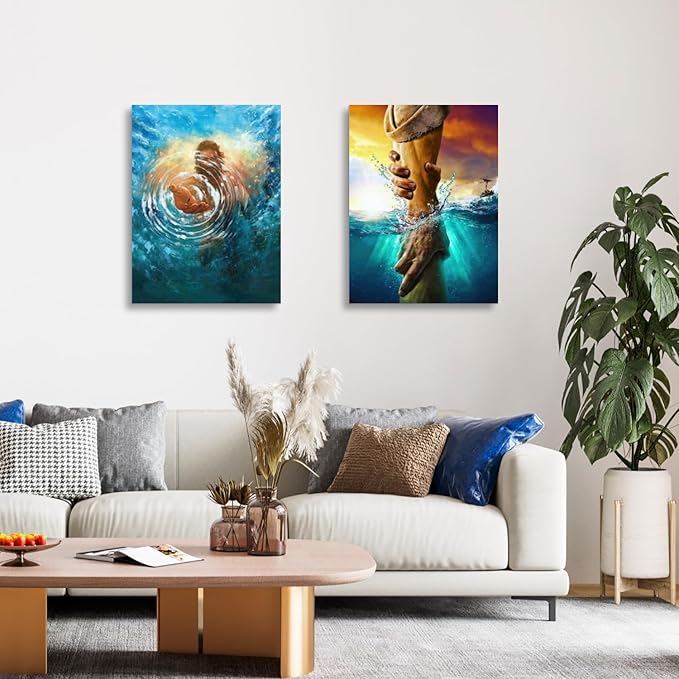 2 Pcs Framed Jesus Wall Art, The Hand of God Jesus Reaching Into Water Poster Prints, Christian Christmas Gifts, Bible Blue Ocean Wrapped Canvas Painting for Church Prayer Room Hospitals 12"x16"