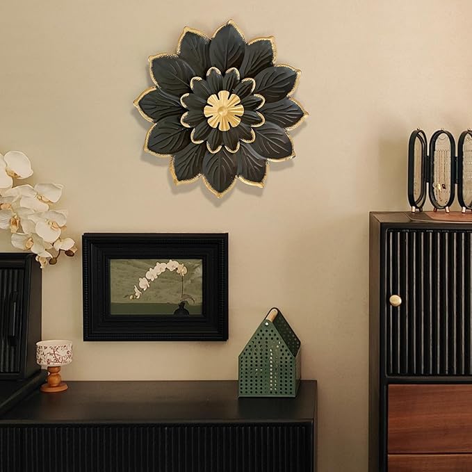 LIFFY 9.2“ Black and Gold Metal Flower Wall Art, Modern Rustic Floral Decor for Indoor Living Room Bedroom Office Outdoor Garden Patio Yard