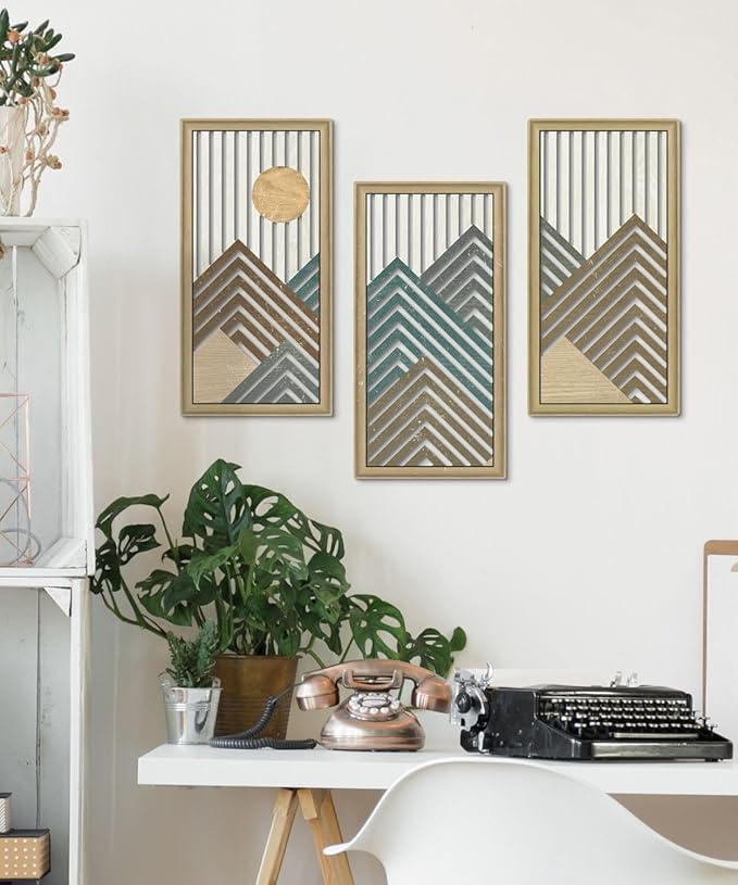 Putuo Decor Mountain Line Wall Art Set of 3, Modern Abstract Nature-Inspired Cut-Out Panels, MDF Wall Decor with Chevron Stripes and Sun Design for Living Room Bedroom Office