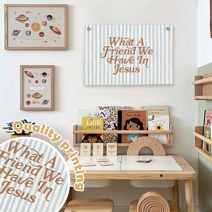 RTXLEZM Christian Home Room Decor, What a Friend We Have in Jesus Christian Canvas Banner Wall Hanging,Blue Stripes Minimalist Bible Verse Wall Art Prints for Home Bedroom Prayer Room Church Decor