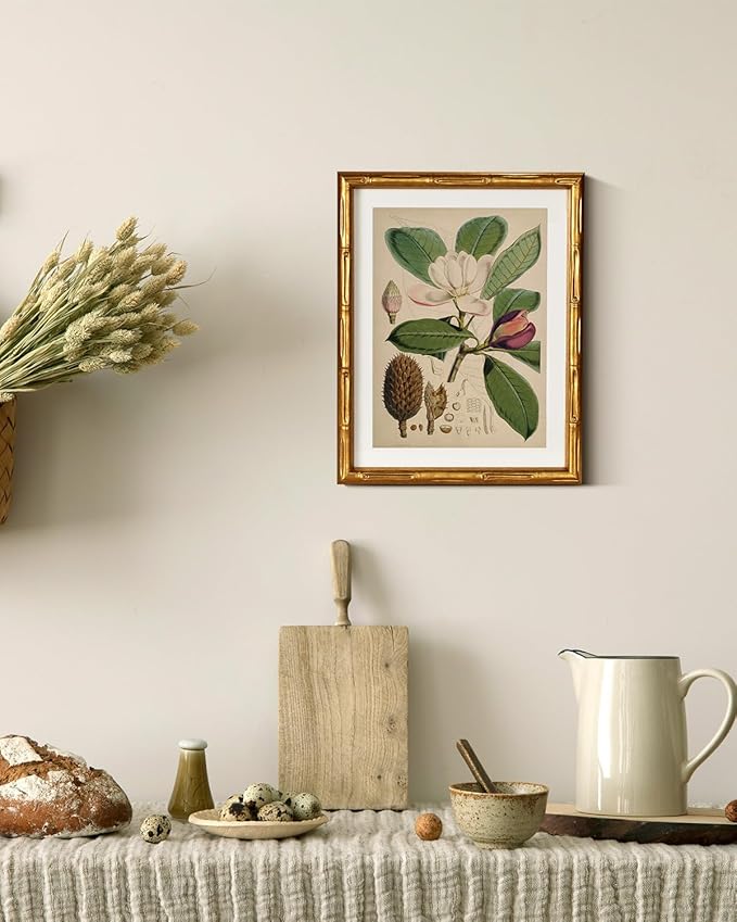 InSimSea Gold Bamboo Framed Canvas Wall Art, Retro Nature Magnolia Botanical Paintings, Antique Vintage Picture Frame with Mat, Victorian Home Wall Decor for Living Room Kitchen Dining, 11x14inch
