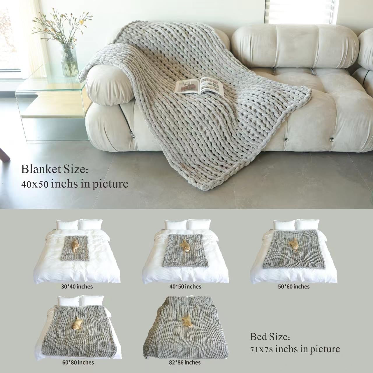 Maetoow Chenille Chunky Knit Blanket Throw （40×50 Inch）, Handmade Warm & Cozy Blanket Couch, Bed, Home Decor, Soft Breathable Fleece Banket, Christmas Thick and Giant Yarn Throws, Grey
