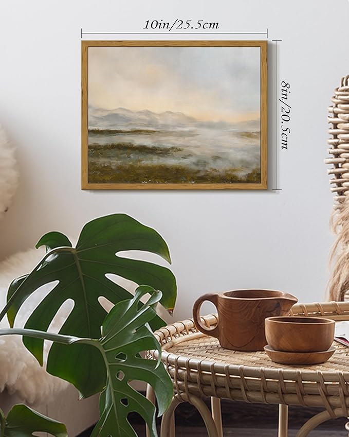 SHENIFY Vintage Framed Wall Art Rustic Foggy Mountain Landscape Scenery Home Decor Retro Wilderness Decorations for Farmhouse Bedroom Ready to Hang Wall Artwork - 8x10in Natural Framed