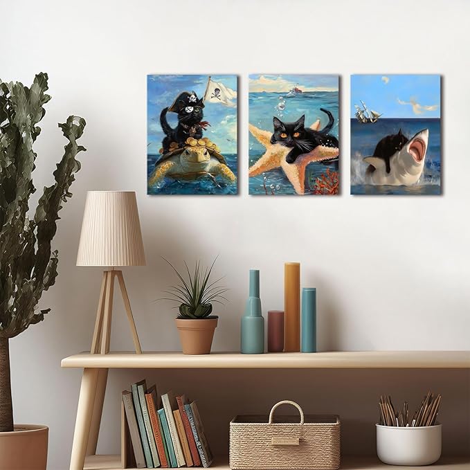 Framed Black Cat Wall Art Funny Cat Shark Turtle Starfish Canvas Wall Decor Ocean Abstract Black Cat Posters Pictures Print for Bedroom Living Room Bathroom 16x24 In