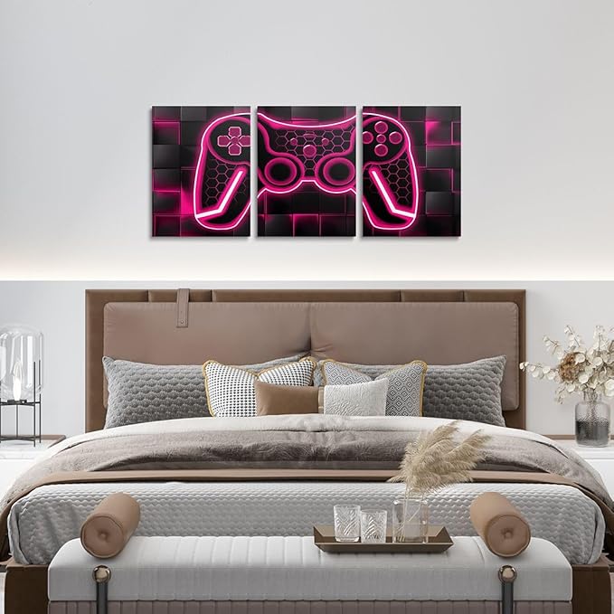Feelyou Gamer Canvas Wall Art for Living Room 12"x16" 3 Piece Rose Red and Black Picture Wall Decor Gaming Ombre Office Wall Decorations Artwork Posters Geometric Square Wall Painting