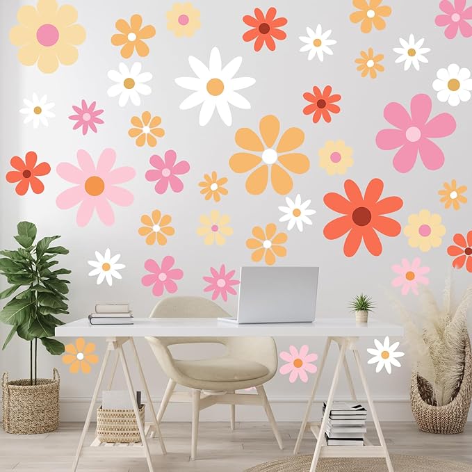 TaoBary 12 Sheet Daisy Wall Sticker Decal Removable Cute Daisy Bedroom Room Decor Flower Wall Sticker Pink White Flower Decal Wallpaper Peel and Stick for Nursery Home(Bright Color,Bright Style)