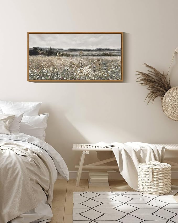 SHENIFY 20x40in Extra Large Vintage Framed Wall Art Meadow with Flowers Landscape Painting Retro Scenery Farmhouse Bedroom Above of Bed Living Room Decor - Natural Framed