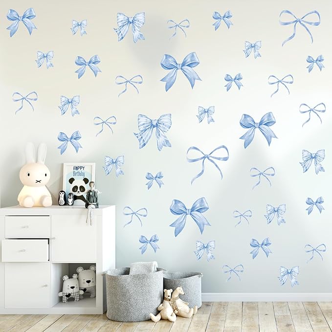 Whaline 12 Sheets Trendy Blue Bow Wall Stickers Watercolor Light Blue Bow Wall Decals Room Mural Stickers for Kids Bedroom Coquette Birthday Party Valentine's Day Home Nursery Decor, 7.9 x 11.8 Inch