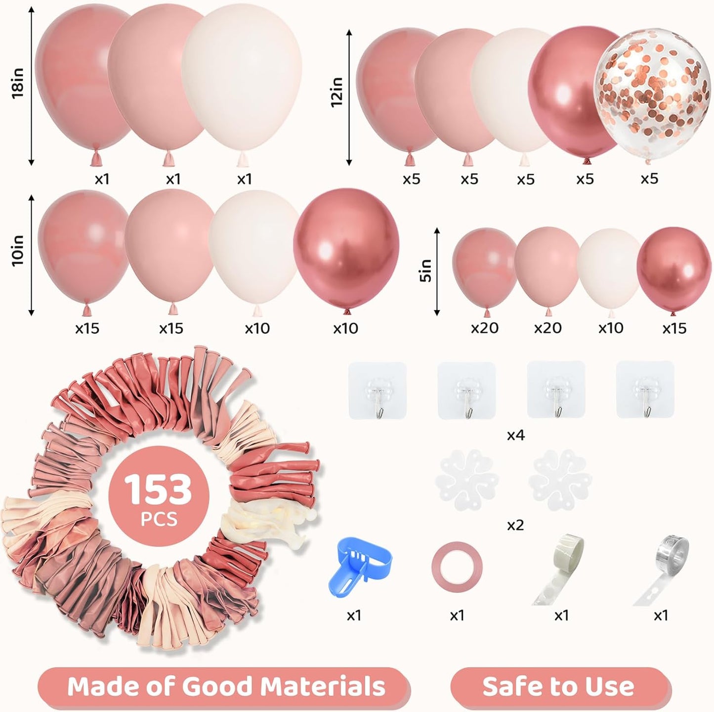 Amandir 153pcs Dusty Pink Balloon Garland Arch Kit, Different Sizes 18 12 10 5 inch Pink White Sand Metallic Confetti Pink Balloons for Girl Baby Shower Birthday Boho Party Decorations