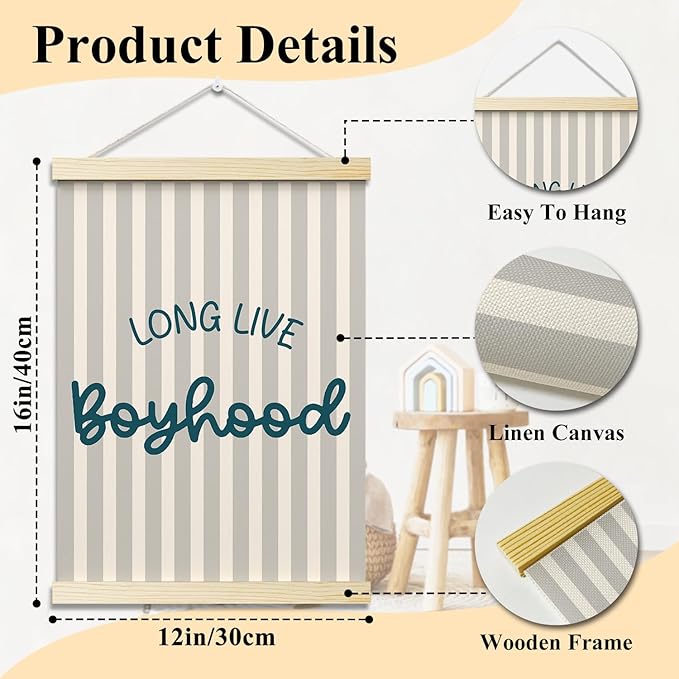 Long Live Boyhood Posters Hanger Frame for Boys Room Blue Hanging Poster for Bedroom Kids Room Classroom Decor Stripes Wall Art Decor for Nursery Playroom Canvas Wall Art Print 16x12 Inches - YY049
