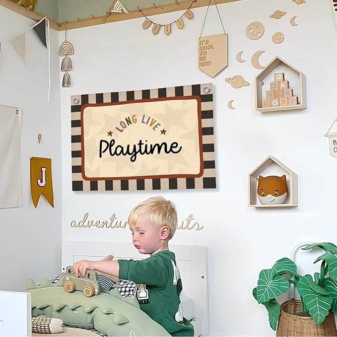 Long Live Playtime Banner Boy Room Decor, Banner Flag Nursery Playroom Wall Decor for Boys Bedroom Living Room Dorm Toddler Decorations Teen Boy Room Kid Banners Wall Hanging Linen Flag 30x20