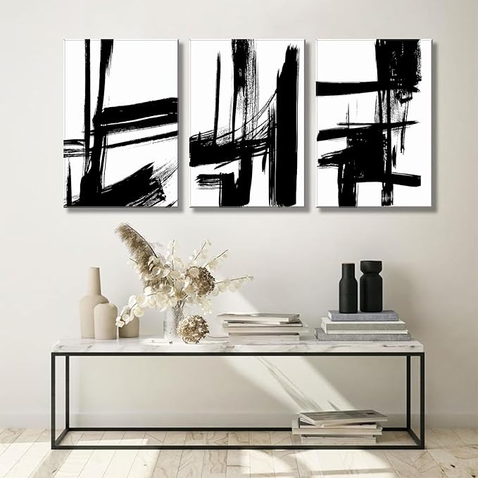 3Pcs Black and White Canvas Wall Art Modern Abstract Paintings Minimalist Line Posters Prints Wall Decor Black and white picture Artwork for Living room Bedroom Bathroom Office Home12x16in Frame