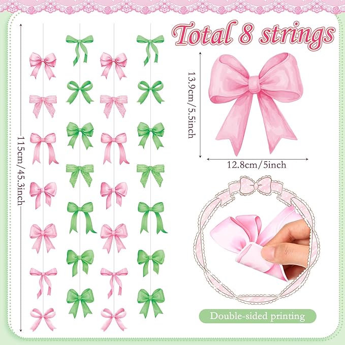 8 Pcs Pink Green Bow Garlands Decorations Witch Princess Theme Party Decorations Green and Pink Ribbon Banners Hanging Decor for Birthday Bridal Engagement Wedding Coquette Party Supplies