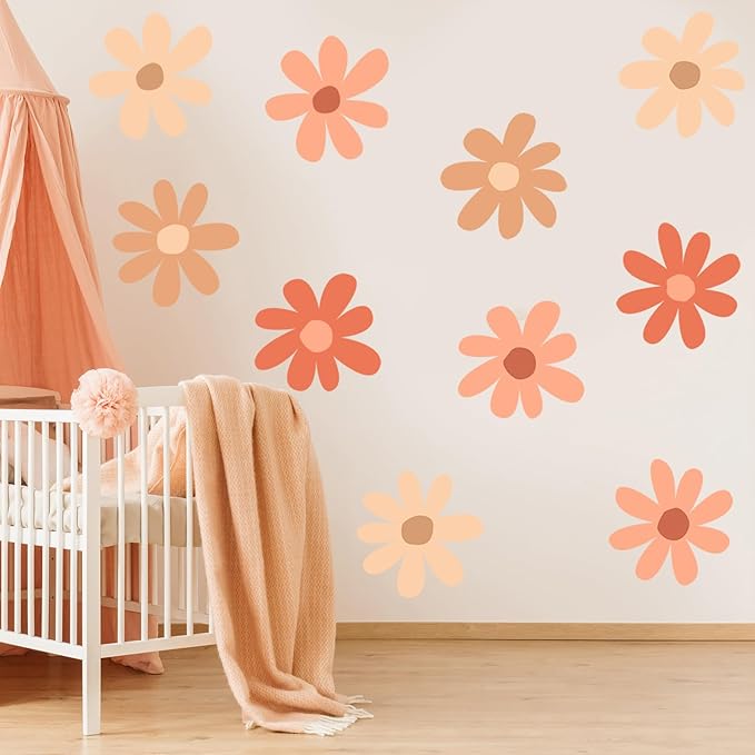 TaoBary 12 Sheet Daisy Wall Sticker Decal Removable Cute Daisy Bedroom Room Decor Flower Wall Sticker Pink White Flower Decal Wallpaper Peel and Stick for Nursery Home(Orange,Colorful Classic Style)