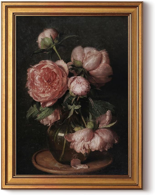 HUARCEY Framed Canvas Wall Art Prints, Bathroom Shelf Vintage Decor Aesthetic, Peony Floral Paintings Farmhouse Wall Decor, Retro Table Desk Decoration for Bedroom Living Room, 12x16Inch
